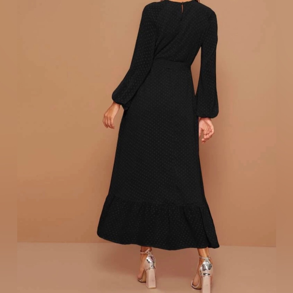 Modely Raglan Lantern Sleeve Flounce Hem Swiss Dot Dress